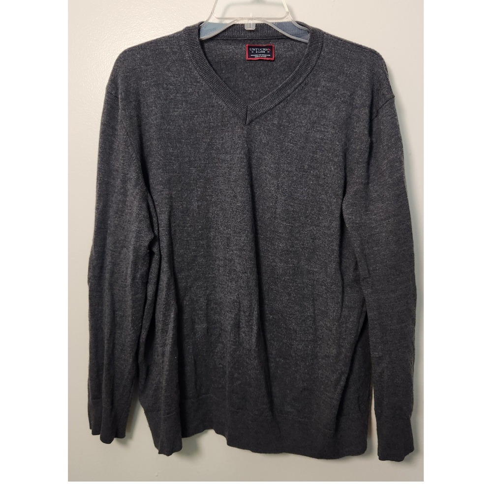 Untuckit Men's 100% Merino Wool‎ Gray V-Neck Sweater XL Business Casual Preppy